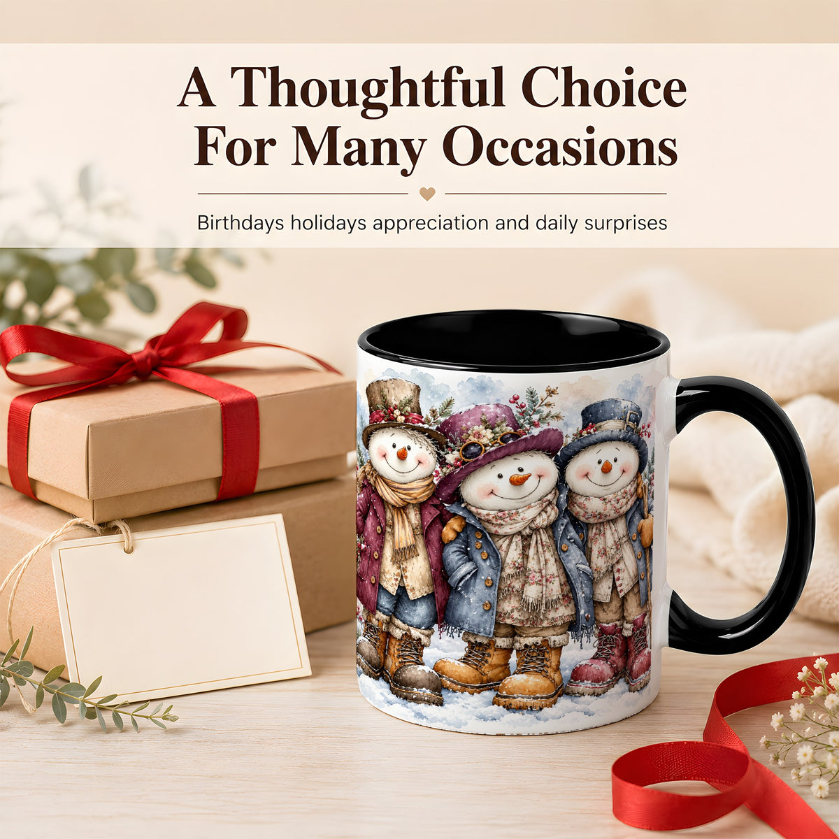 #pl[11oz|Black] Vintage Snowman Trio Coffee Mug, Classic Winter Mug, Ceramic Cup