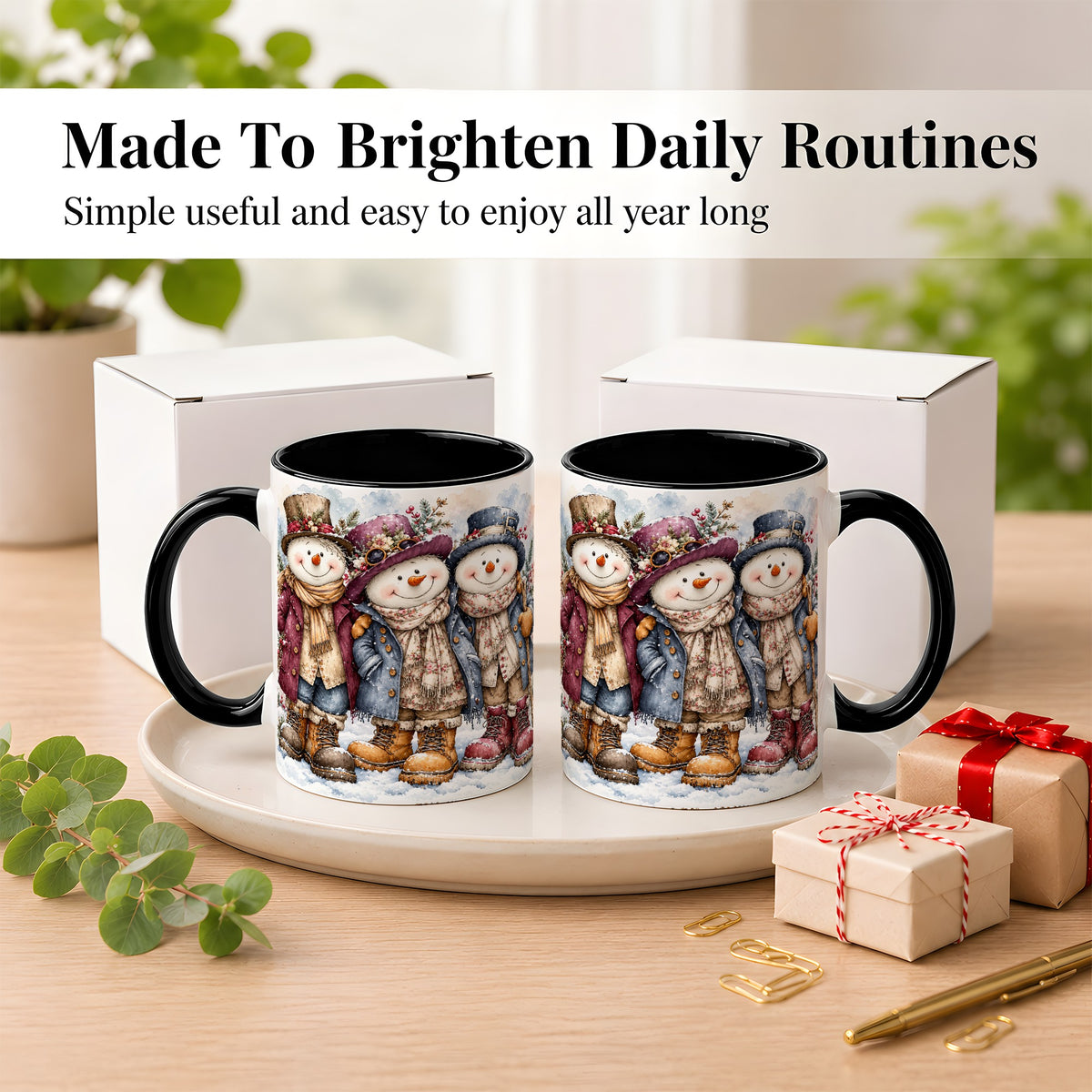 #pl[11oz|Black] Vintage Snowman Trio Coffee Mug, Classic Winter Mug, Ceramic Cup