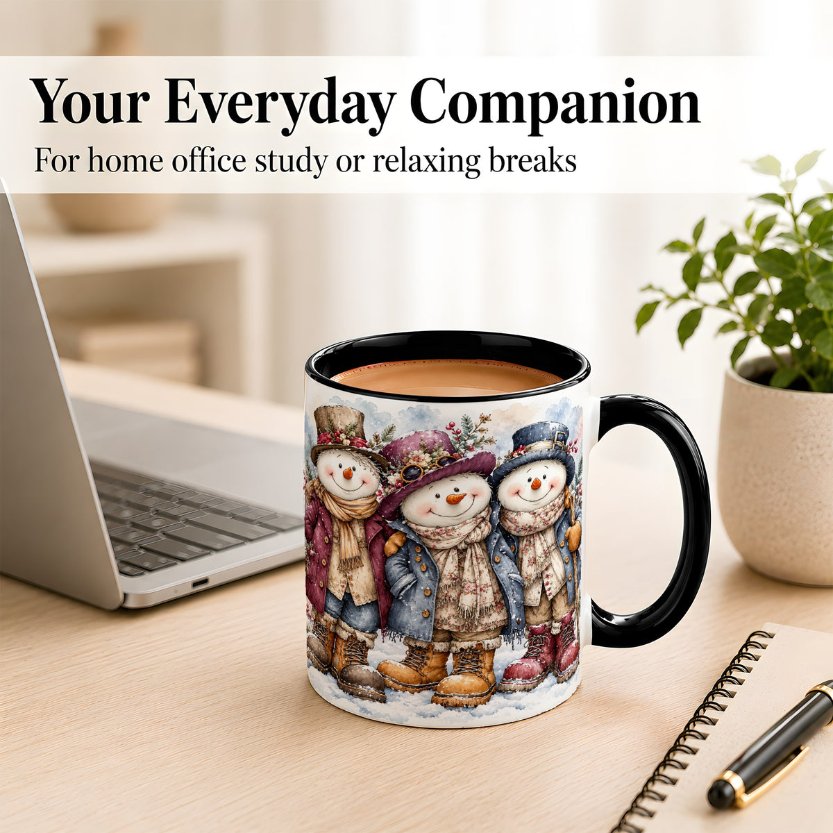 #pl[11oz|Black] Vintage Snowman Trio Coffee Mug, Classic Winter Mug, Ceramic Cup