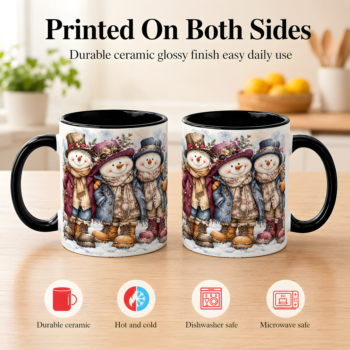 #pl[11oz|Black] Vintage Snowman Trio Coffee Mug, Classic Winter Mug, Ceramic Cup