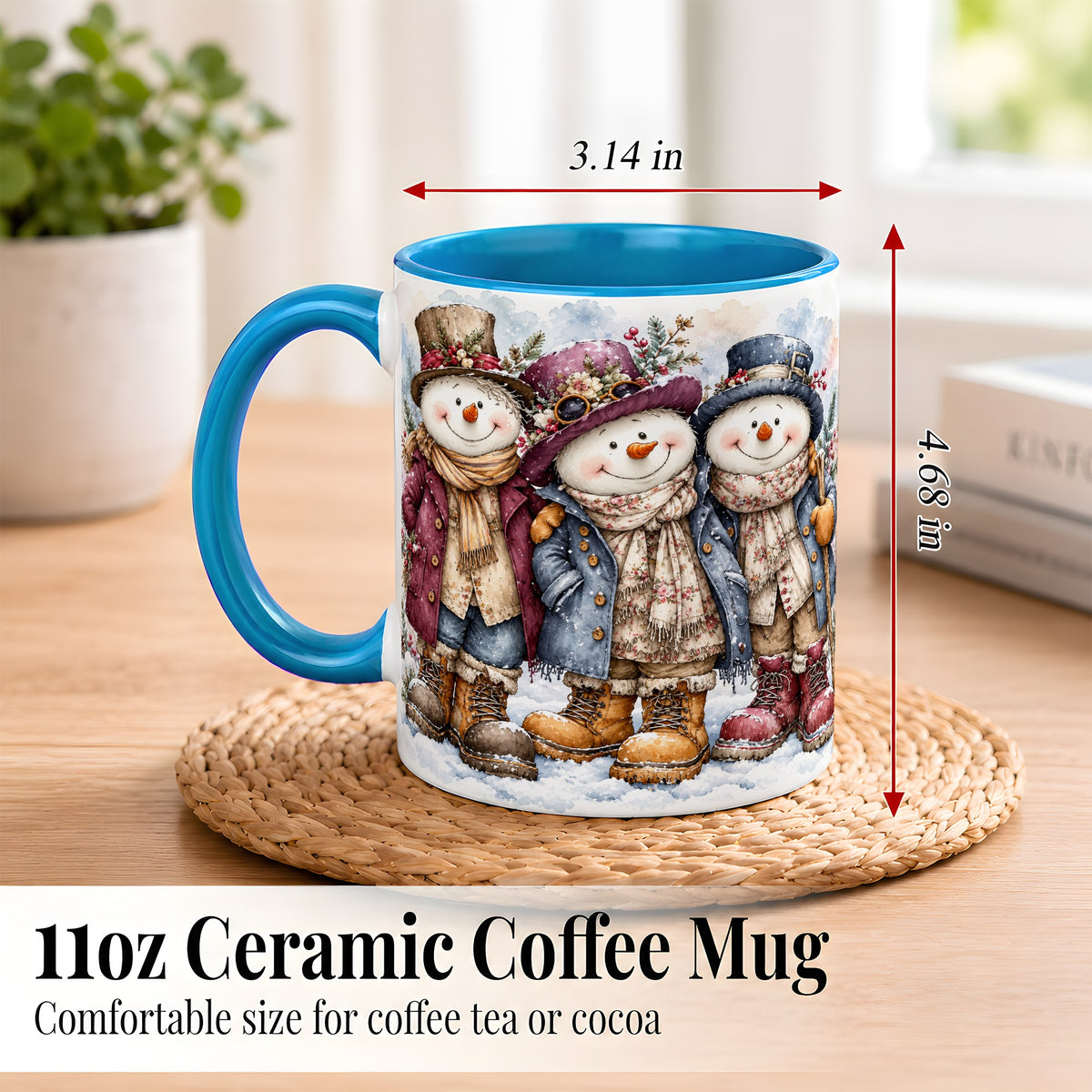 #pl[11oz|Blue] Vintage Snowman Trio Coffee Mug, Classic Winter Mug, Ceramic Cup