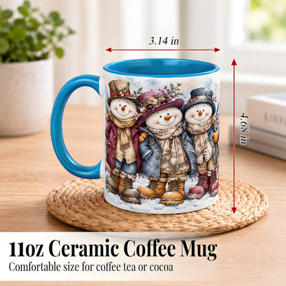 #pl[11oz|Blue] Vintage Snowman Trio Coffee Mug, Classic Winter Mug, Ceramic Cup