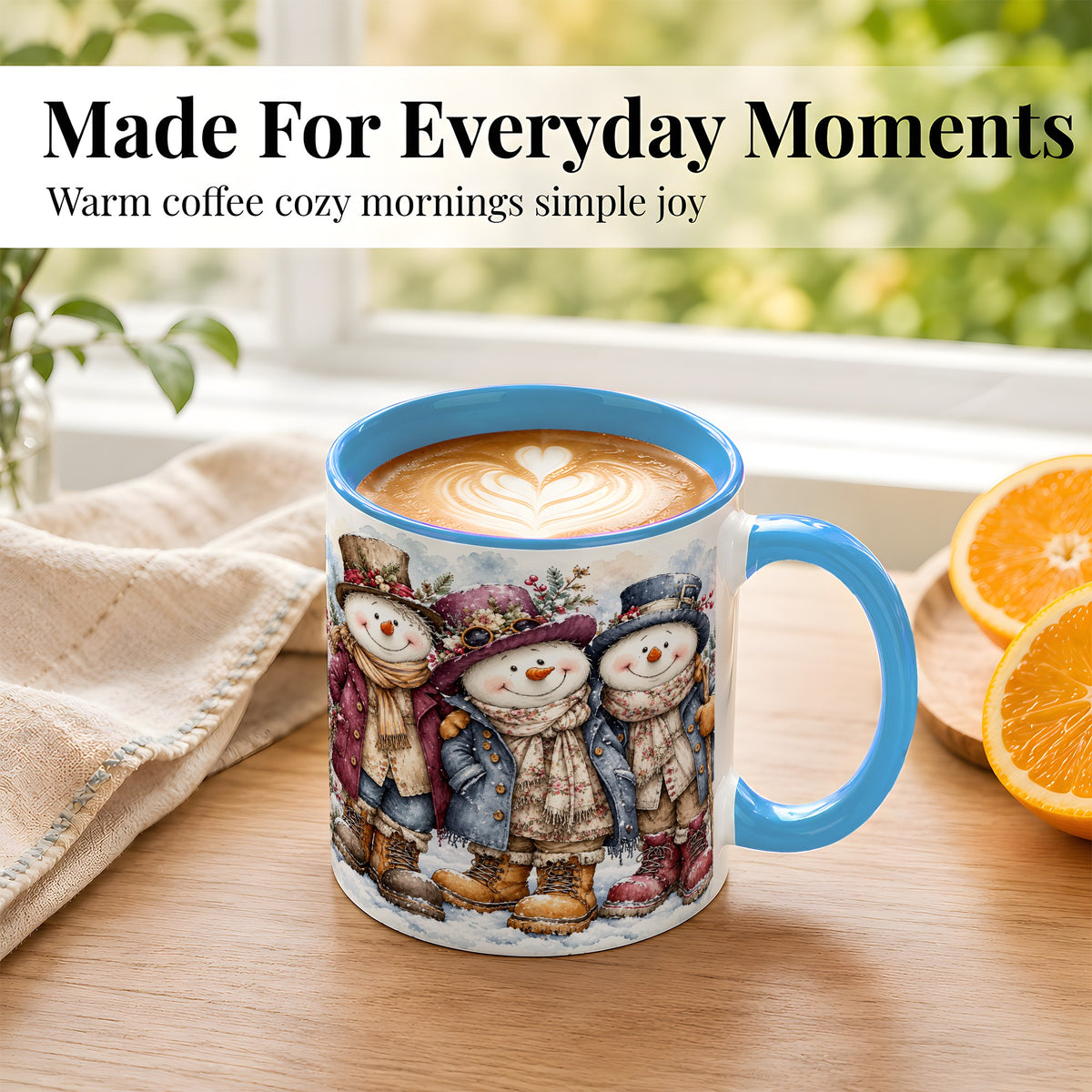 #pl[11oz|Blue] Vintage Snowman Trio Coffee Mug, Classic Winter Mug, Ceramic Cup