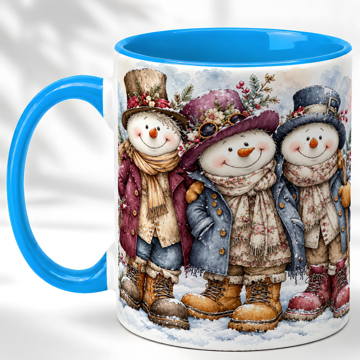 #pl[11oz|Blue] Vintage Snowman Trio Coffee Mug, Classic Winter Mug, Ceramic Cup
