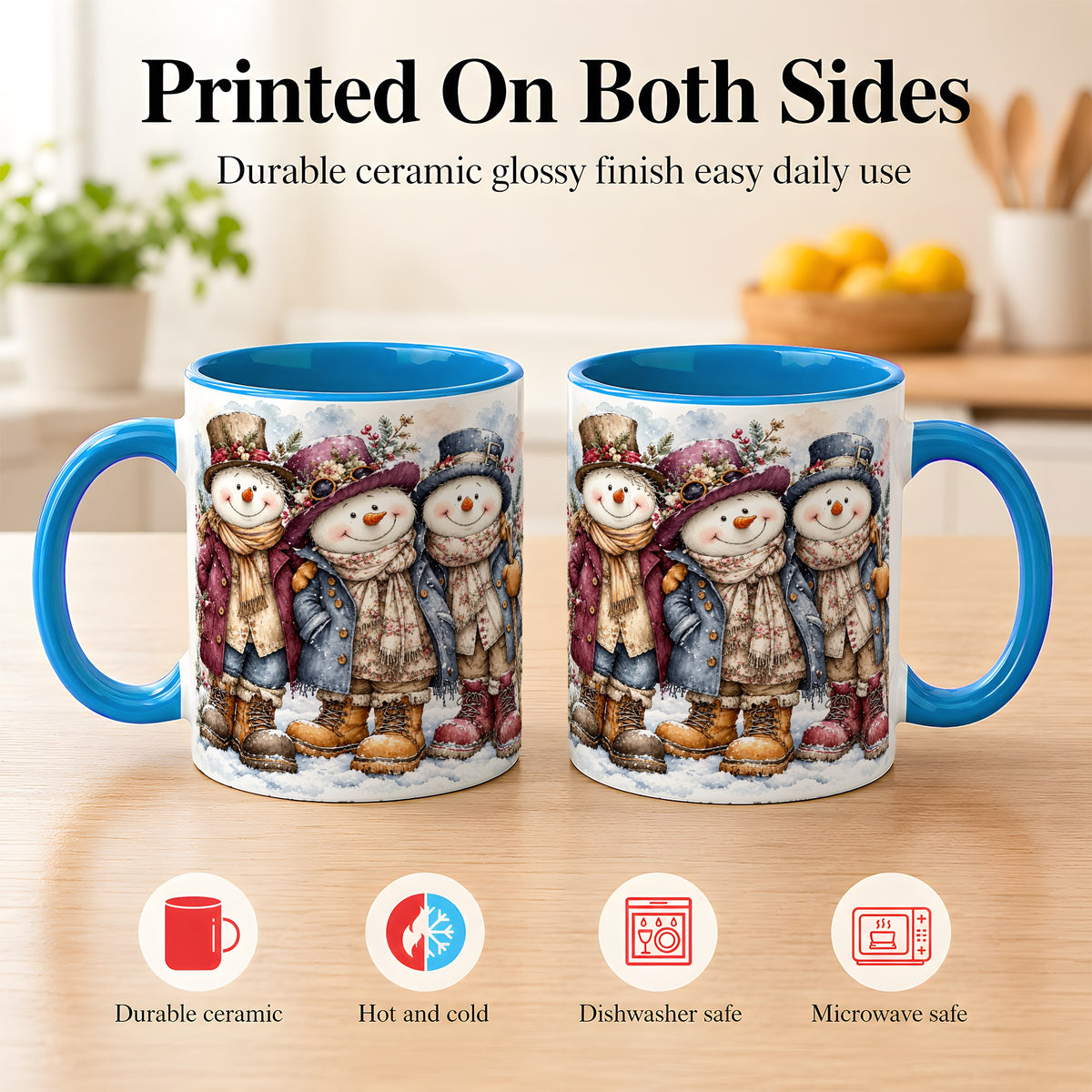 #pl[11oz|Blue] Vintage Snowman Trio Coffee Mug, Classic Winter Mug, Ceramic Cup
