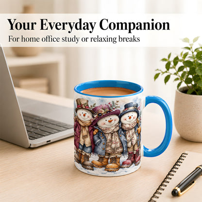 #pl[11oz|Blue] Vintage Snowman Trio Coffee Mug, Classic Winter Mug, Ceramic Cup
