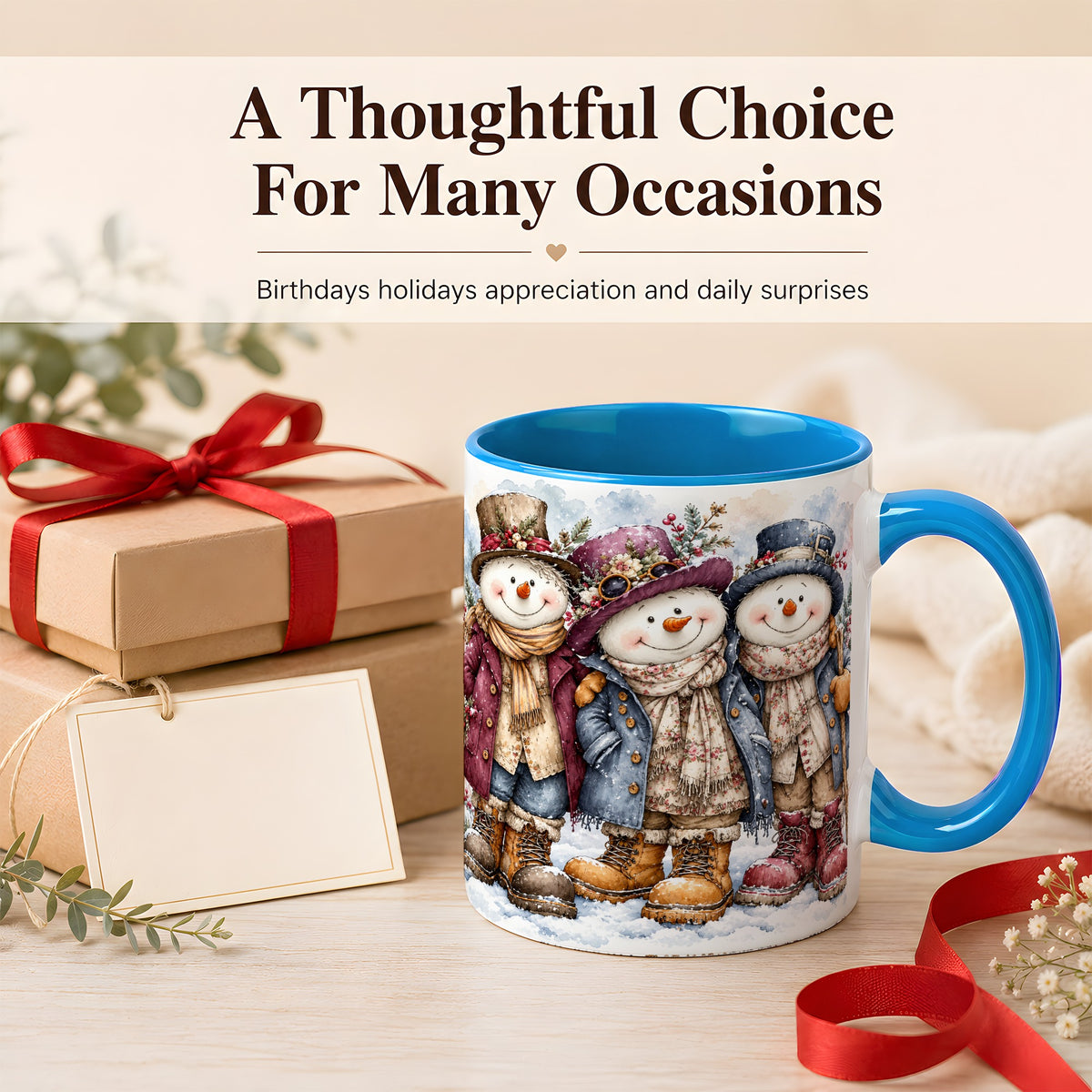 #pl[11oz|Blue] Vintage Snowman Trio Coffee Mug, Classic Winter Mug, Ceramic Cup