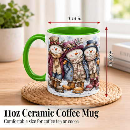 #pl[11oz|Green] Vintage Snowman Trio Coffee Mug, Classic Winter Mug, Ceramic Cup