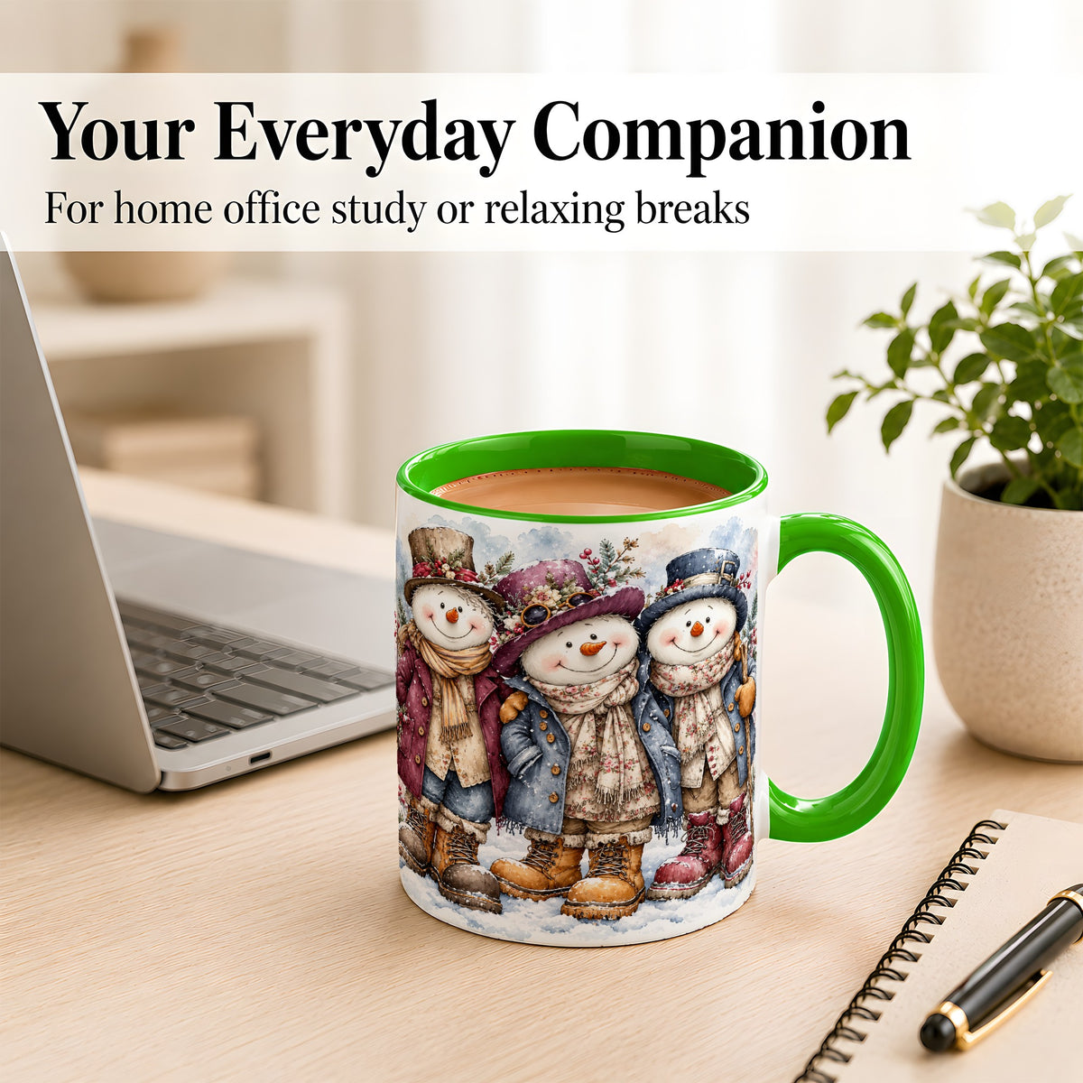 #pl[11oz|Green] Vintage Snowman Trio Coffee Mug, Classic Winter Mug, Ceramic Cup