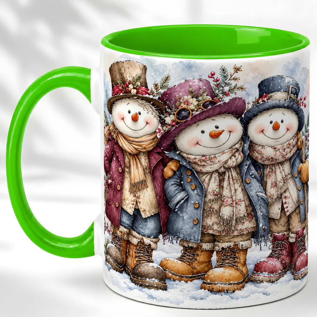 #pl[11oz|Green] Vintage Snowman Trio Coffee Mug, Classic Winter Mug, Ceramic Cup