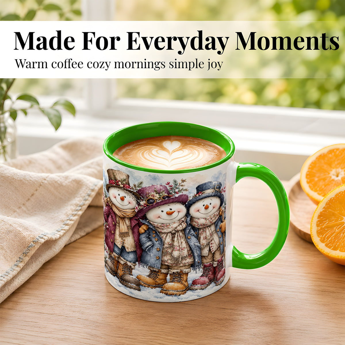 #pl[11oz|Green] Vintage Snowman Trio Coffee Mug, Classic Winter Mug, Ceramic Cup