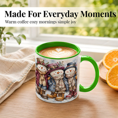 #pl[11oz|Green] Vintage Snowman Trio Coffee Mug, Classic Winter Mug, Ceramic Cup