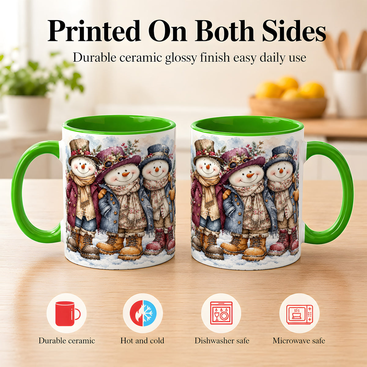 #pl[11oz|Green] Vintage Snowman Trio Coffee Mug, Classic Winter Mug, Ceramic Cup