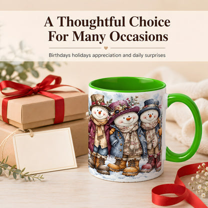 #pl[11oz|Green] Vintage Snowman Trio Coffee Mug, Classic Winter Mug, Ceramic Cup