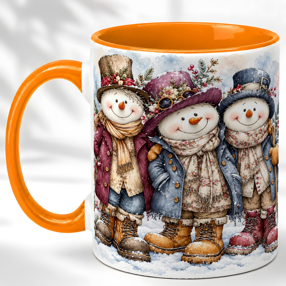 #pl[11oz|Orange] Vintage Snowman Trio Coffee Mug, Classic Winter Mug, Ceramic Cup