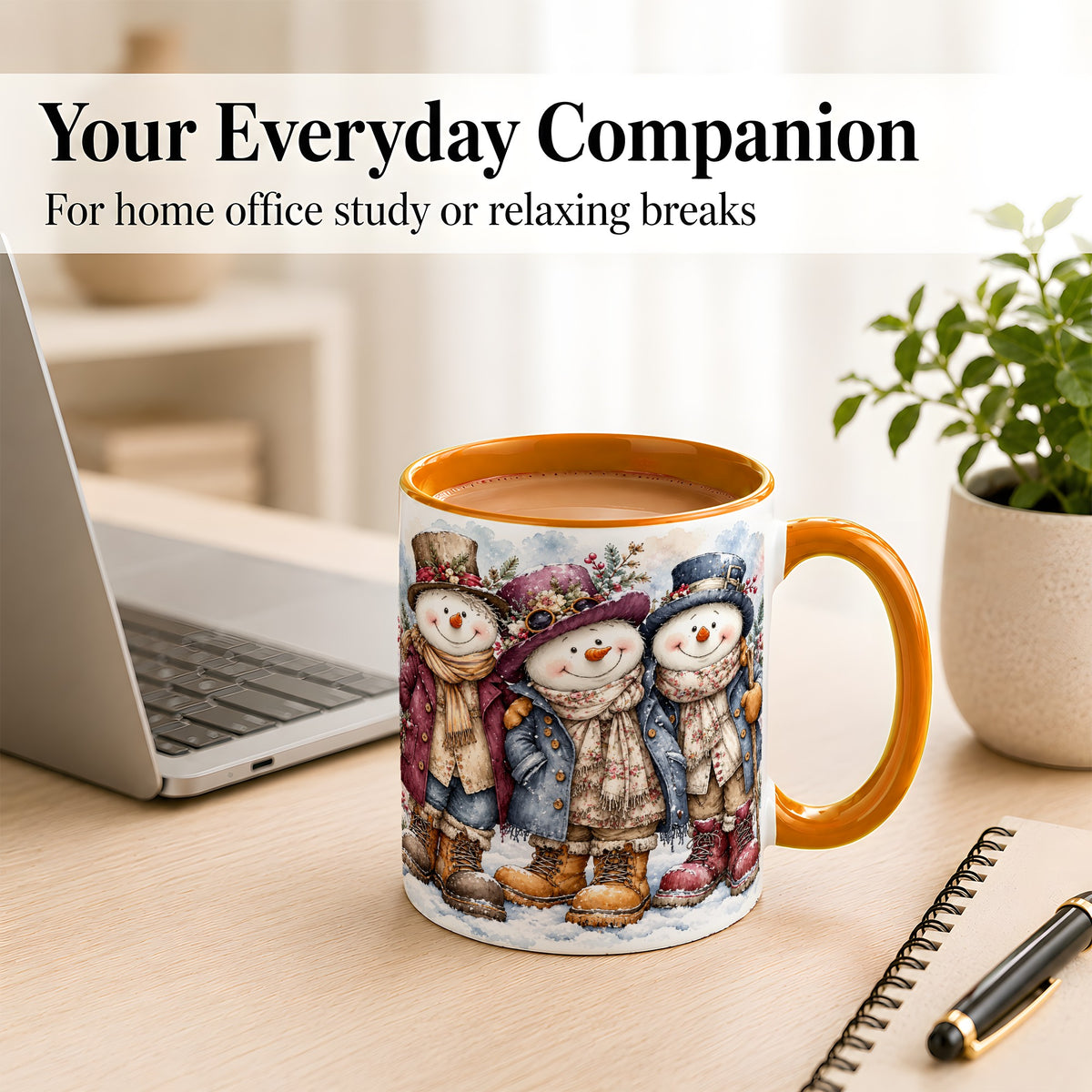 #pl[11oz|Orange] Vintage Snowman Trio Coffee Mug, Classic Winter Mug, Ceramic Cup