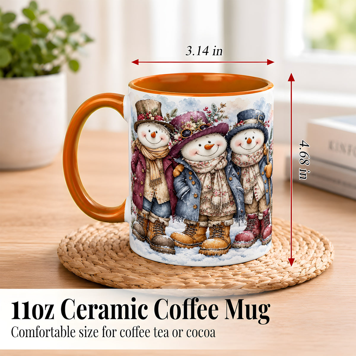 #pl[11oz|Orange] Vintage Snowman Trio Coffee Mug, Classic Winter Mug, Ceramic Cup