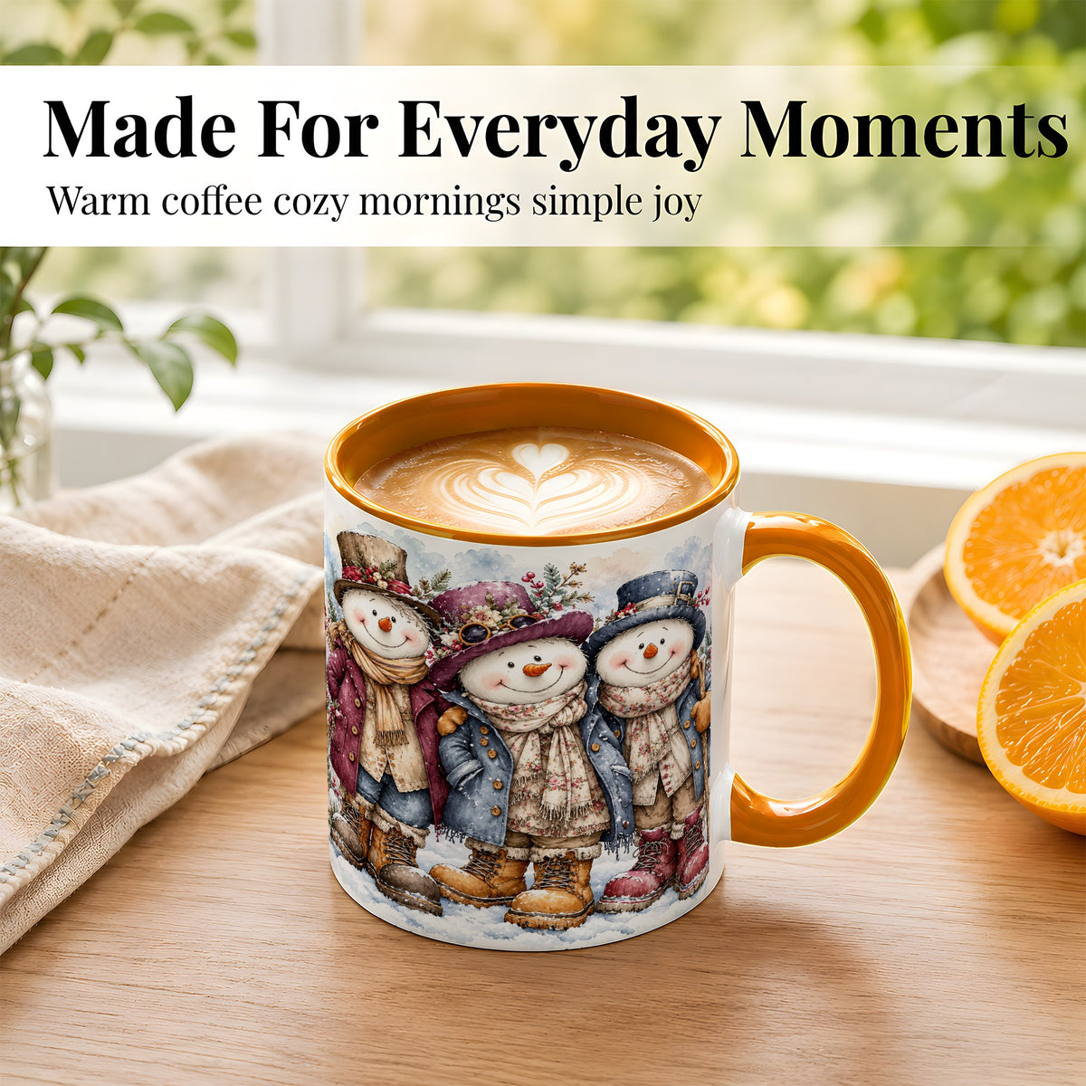 #pl[11oz|Orange] Vintage Snowman Trio Coffee Mug, Classic Winter Mug, Ceramic Cup