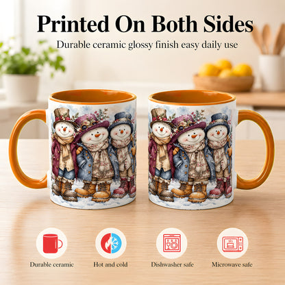 #pl[11oz|Orange] Vintage Snowman Trio Coffee Mug, Classic Winter Mug, Ceramic Cup