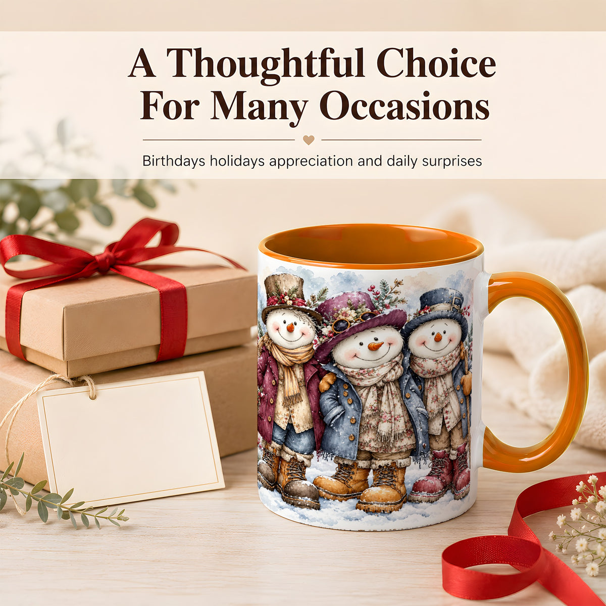#pl[11oz|Orange] Vintage Snowman Trio Coffee Mug, Classic Winter Mug, Ceramic Cup