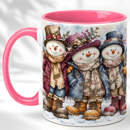 #pl[11oz|Pink] Vintage Snowman Trio Coffee Mug, Classic Winter Mug, Ceramic Cup