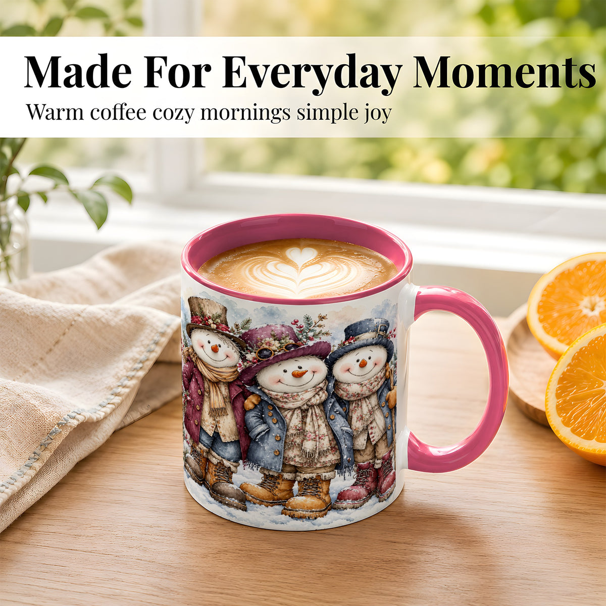 #pl[11oz|Pink] Vintage Snowman Trio Coffee Mug, Classic Winter Mug, Ceramic Cup