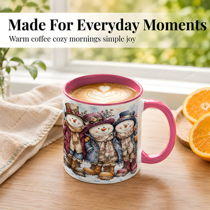 #pl[11oz|Pink] Vintage Snowman Trio Coffee Mug, Classic Winter Mug, Ceramic Cup