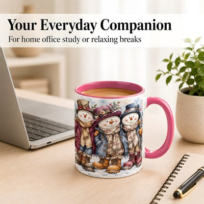 #pl[11oz|Pink] Vintage Snowman Trio Coffee Mug, Classic Winter Mug, Ceramic Cup