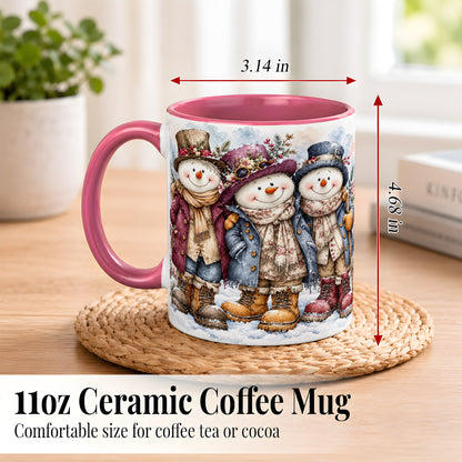 #pl[11oz|Pink] Vintage Snowman Trio Coffee Mug, Classic Winter Mug, Ceramic Cup