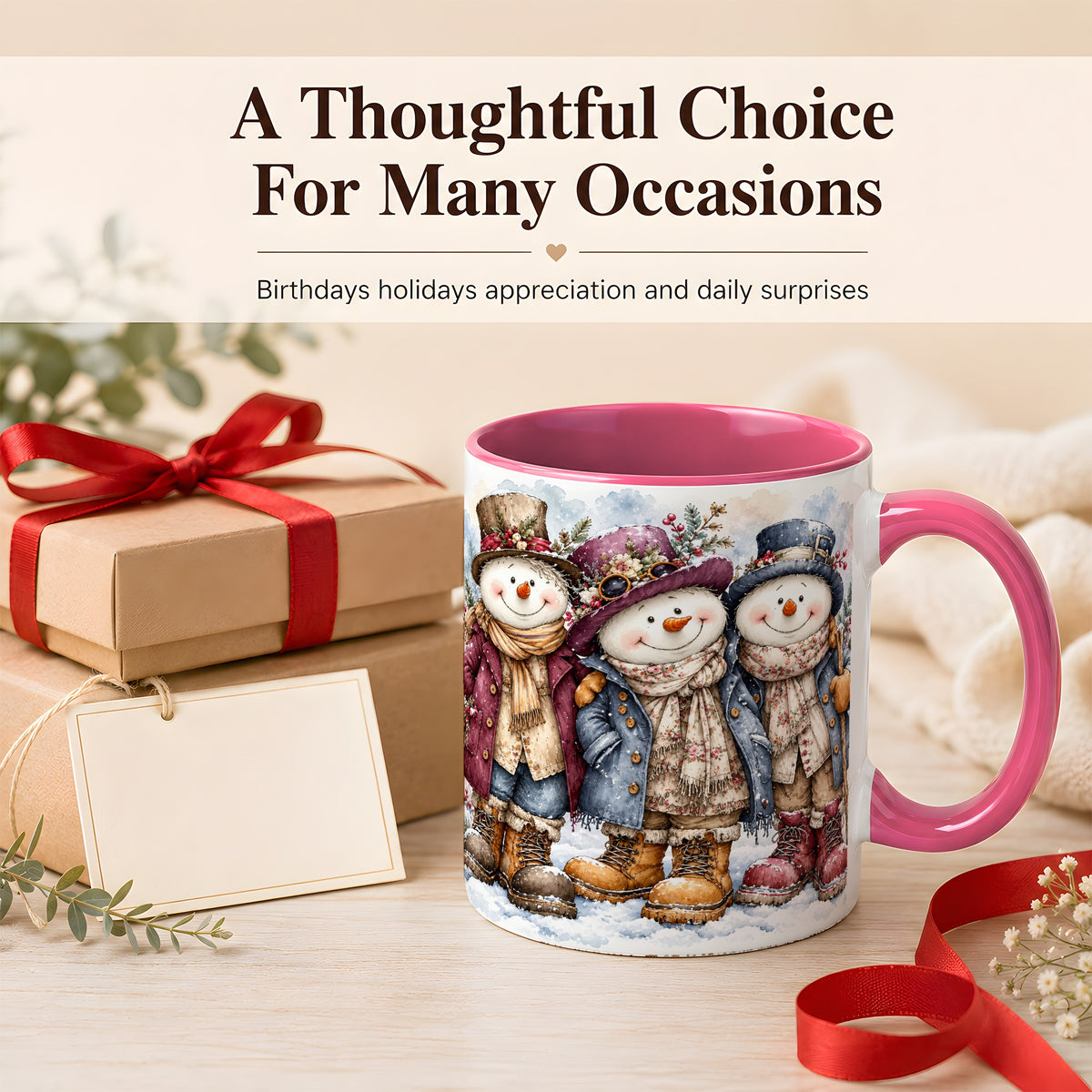 #pl[11oz|Pink] Vintage Snowman Trio Coffee Mug, Classic Winter Mug, Ceramic Cup