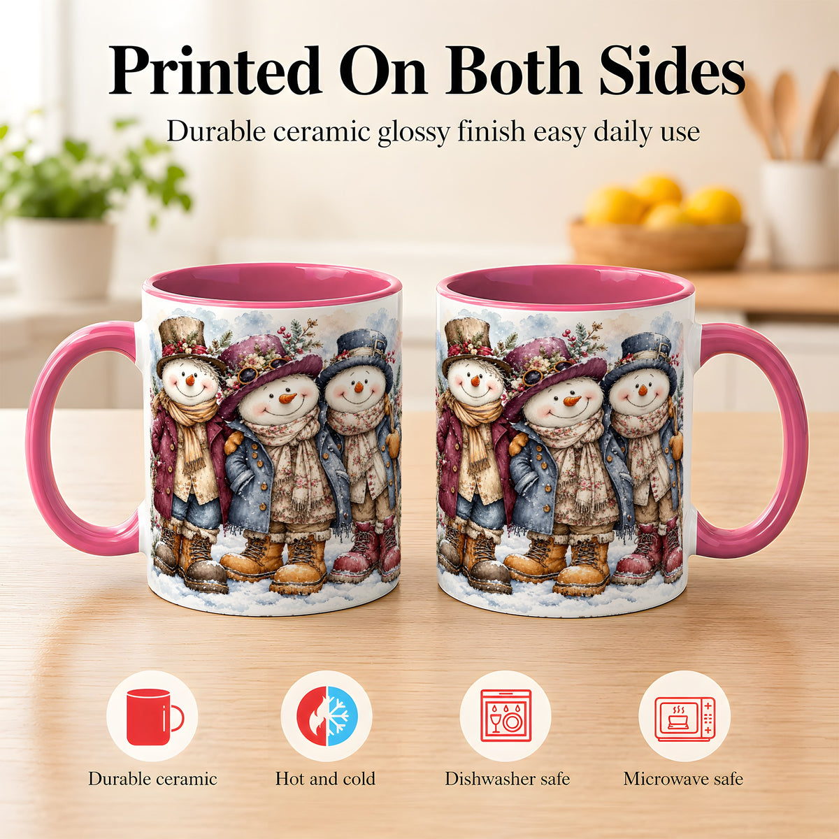 #pl[11oz|Pink] Vintage Snowman Trio Coffee Mug, Classic Winter Mug, Ceramic Cup