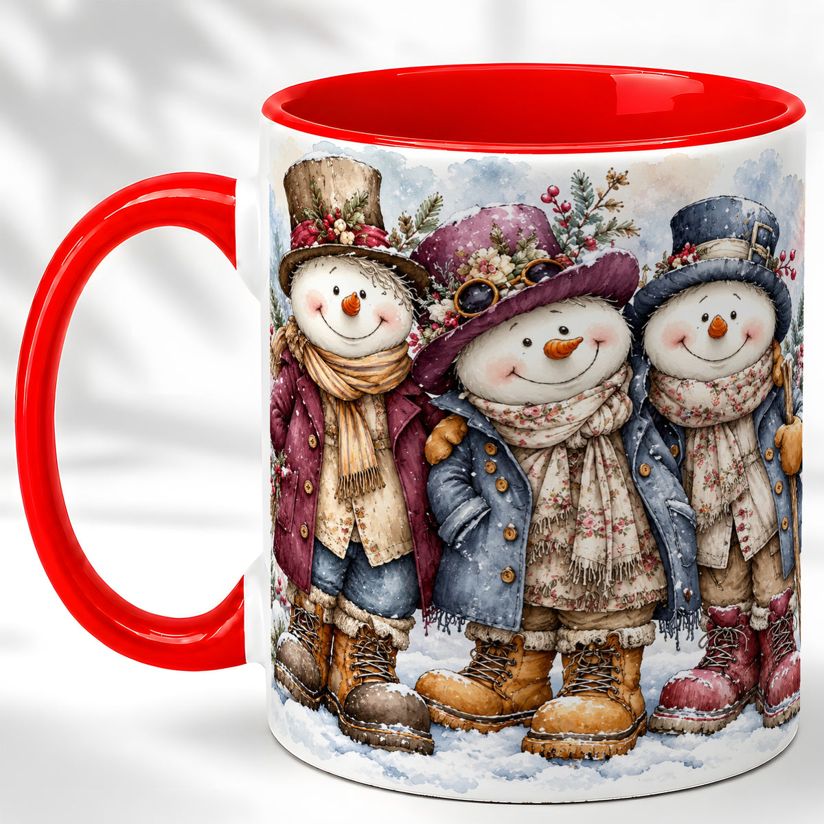 Vintage Snowman Trio Coffee Mug, Classic Winter Mug, Ceramic Cup