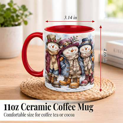 #pl[11oz|Red] Vintage Snowman Trio Coffee Mug, Classic Winter Mug, Ceramic Cup