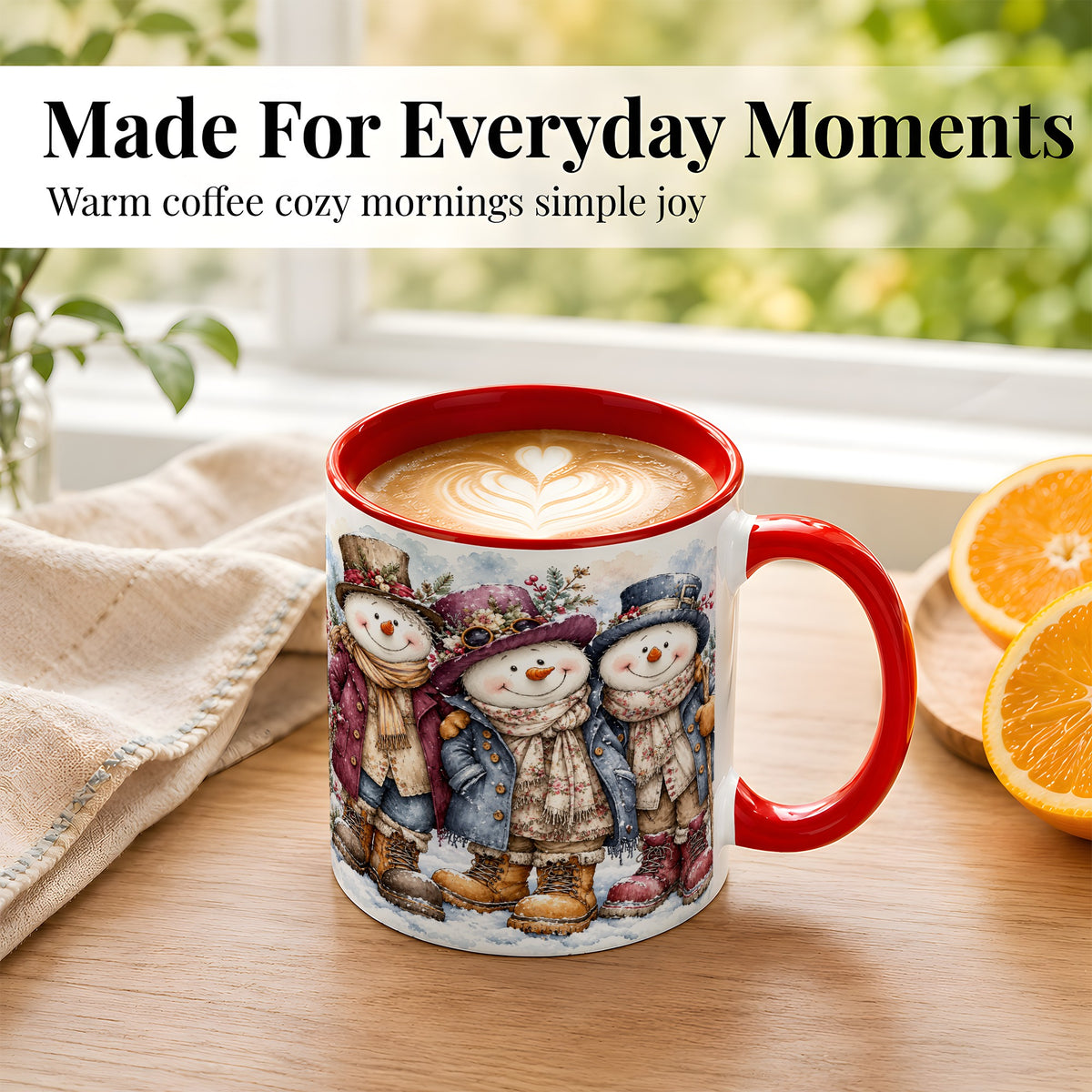 #pl[11oz|Red] Vintage Snowman Trio Coffee Mug, Classic Winter Mug, Ceramic Cup