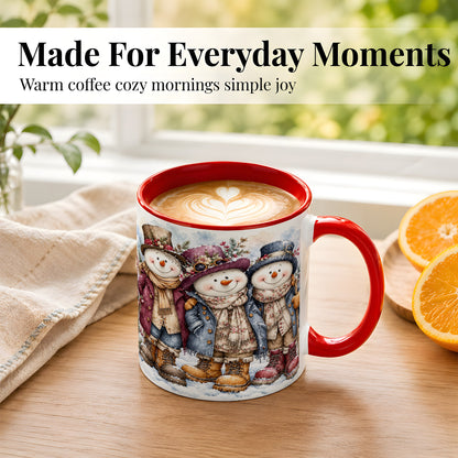#pl[11oz|Red] Vintage Snowman Trio Coffee Mug, Classic Winter Mug, Ceramic Cup