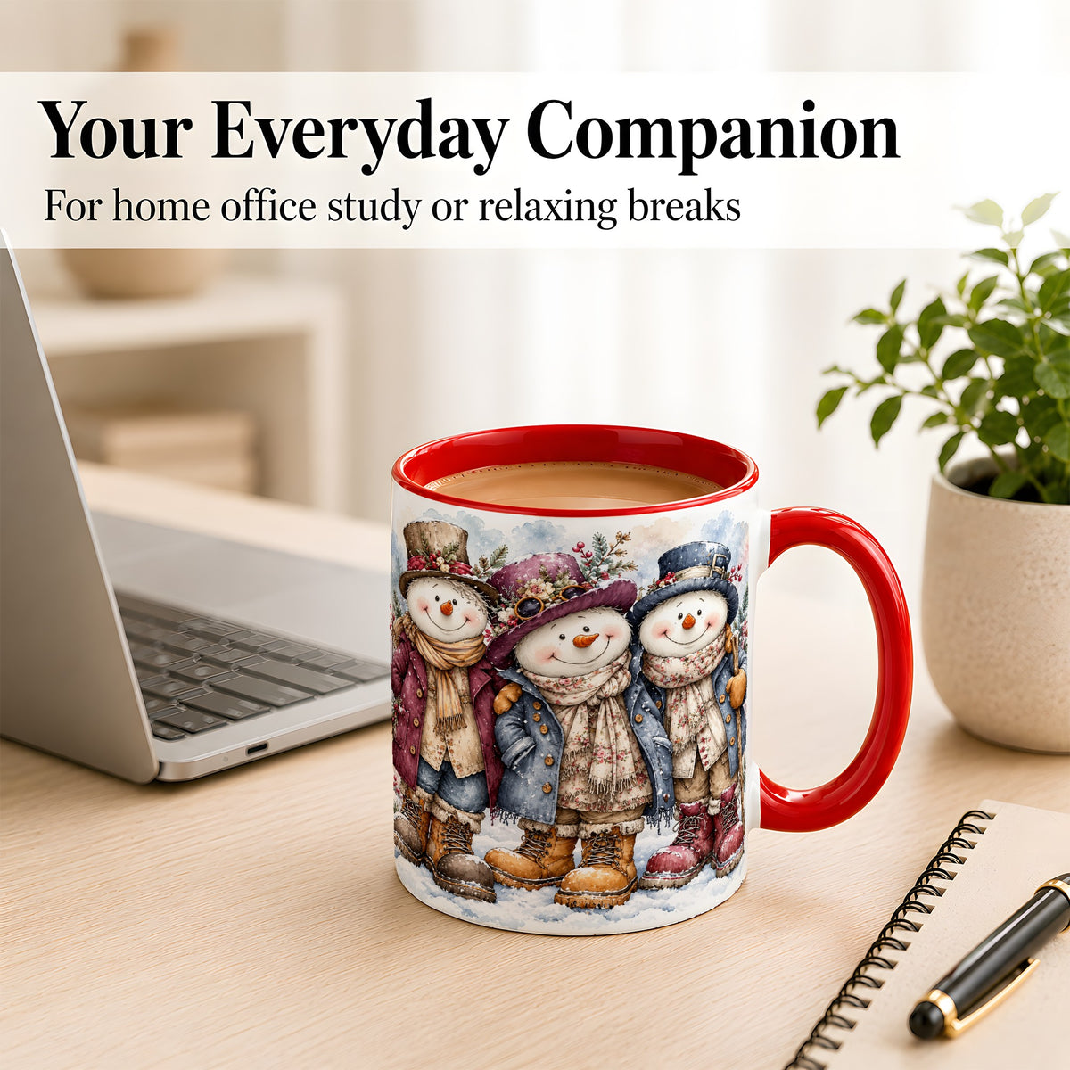 #pl[11oz|Red] Vintage Snowman Trio Coffee Mug, Classic Winter Mug, Ceramic Cup