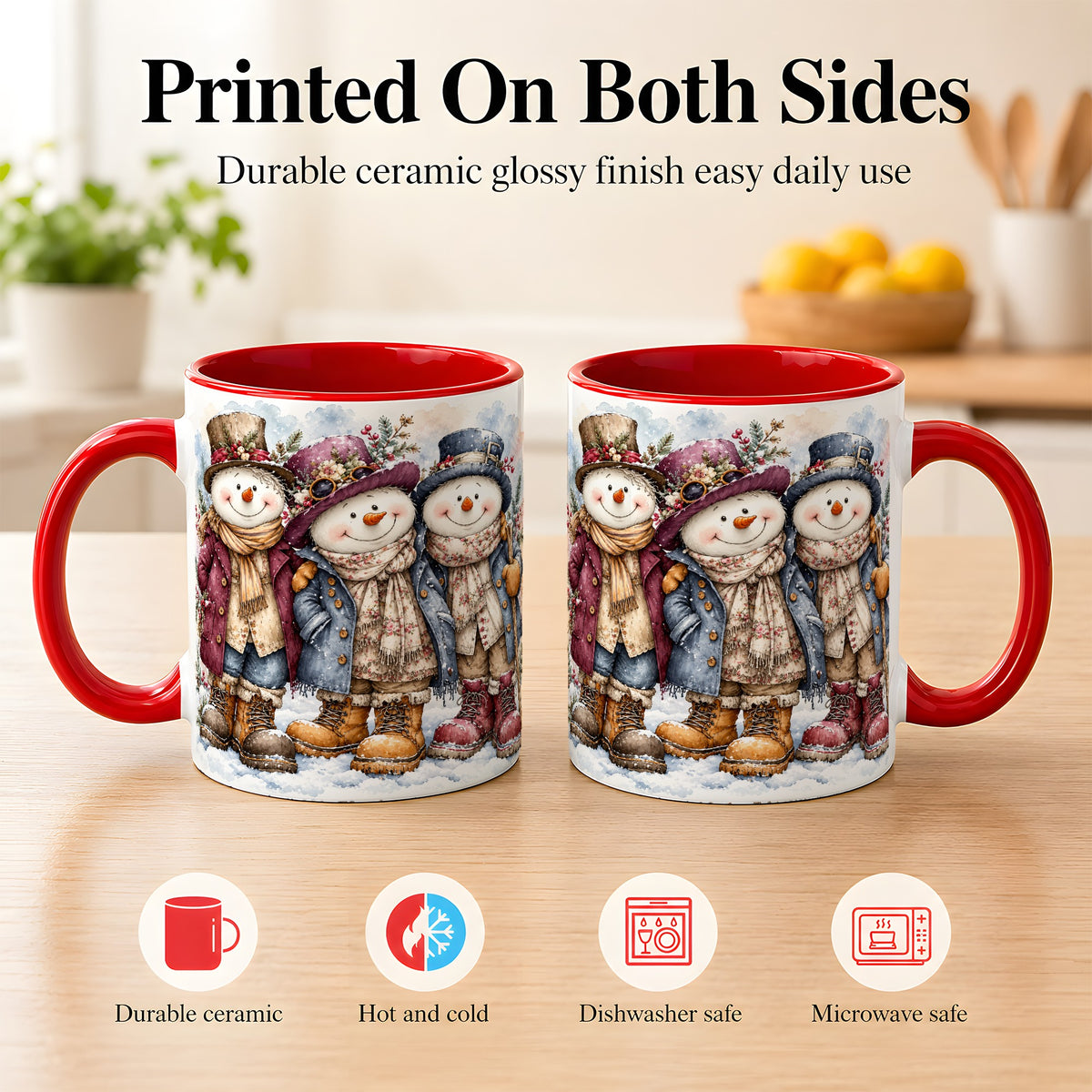 #pl[11oz|Red] Vintage Snowman Trio Coffee Mug, Classic Winter Mug, Ceramic Cup
