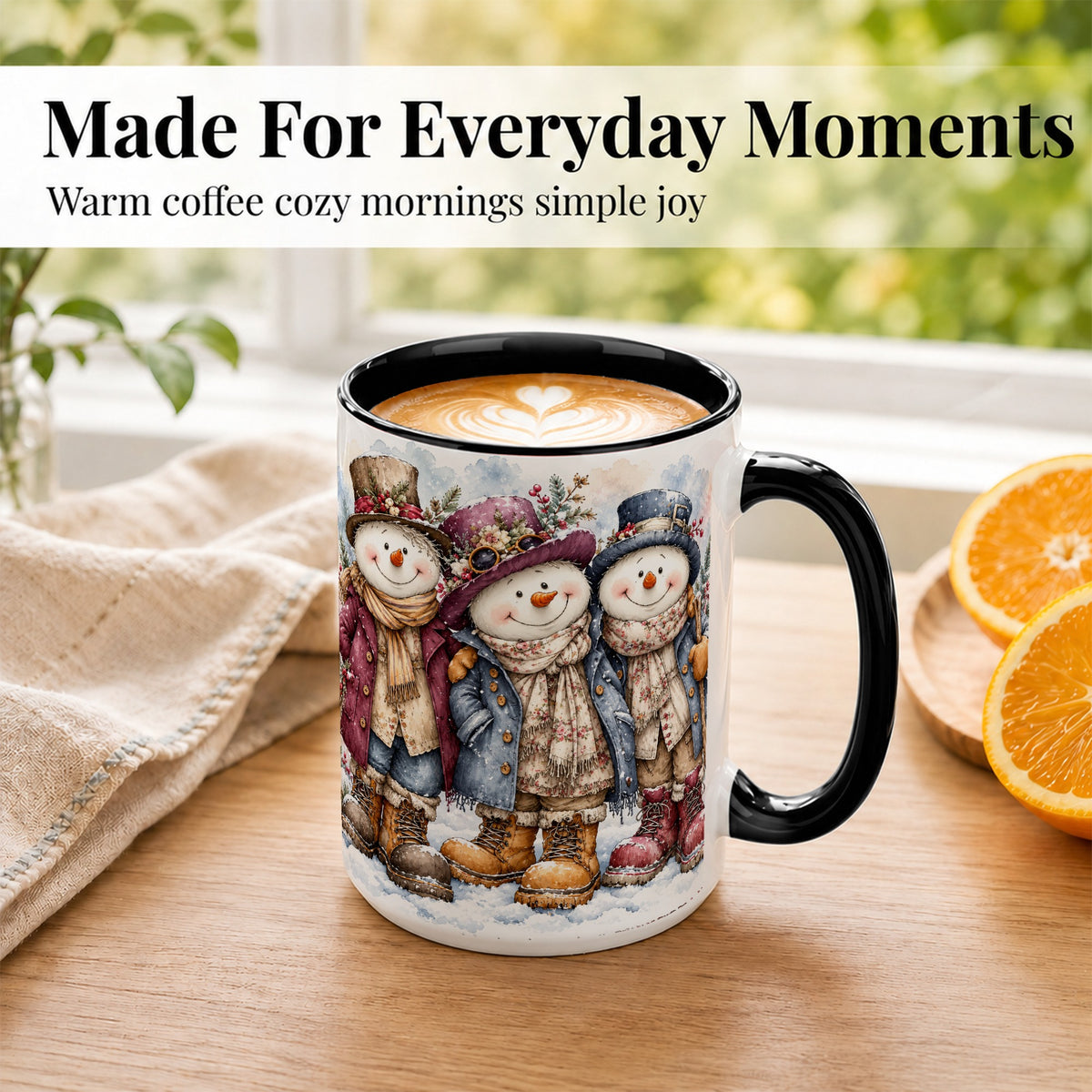 #pl[15oz|Black] Vintage Snowman Trio Coffee Mug, Classic Winter Mug, Ceramic Cup