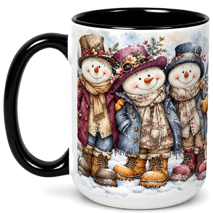 #pl[15oz|Black] Vintage Snowman Trio Coffee Mug, Classic Winter Mug, Ceramic Cup
