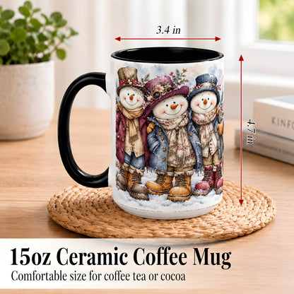 #pl[15oz|Black] Vintage Snowman Trio Coffee Mug, Classic Winter Mug, Ceramic Cup
