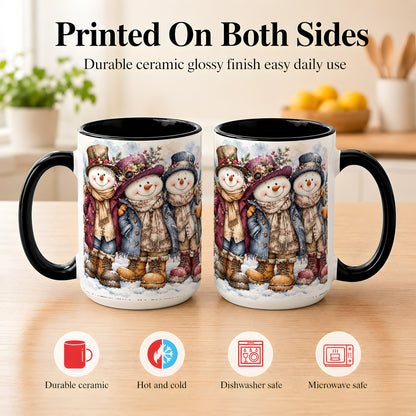 #pl[15oz|Black] Vintage Snowman Trio Coffee Mug, Classic Winter Mug, Ceramic Cup