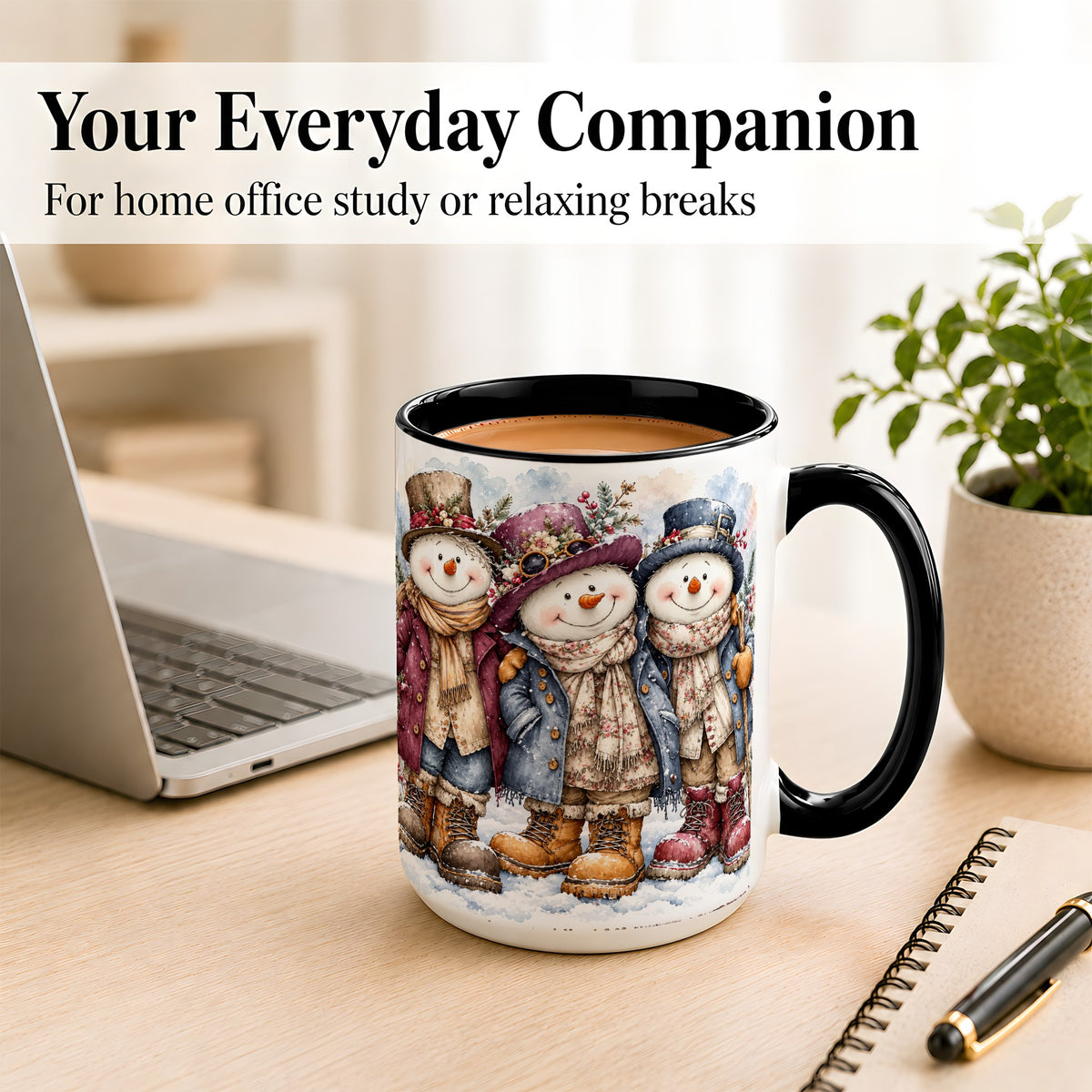 #pl[15oz|Black] Vintage Snowman Trio Coffee Mug, Classic Winter Mug, Ceramic Cup
