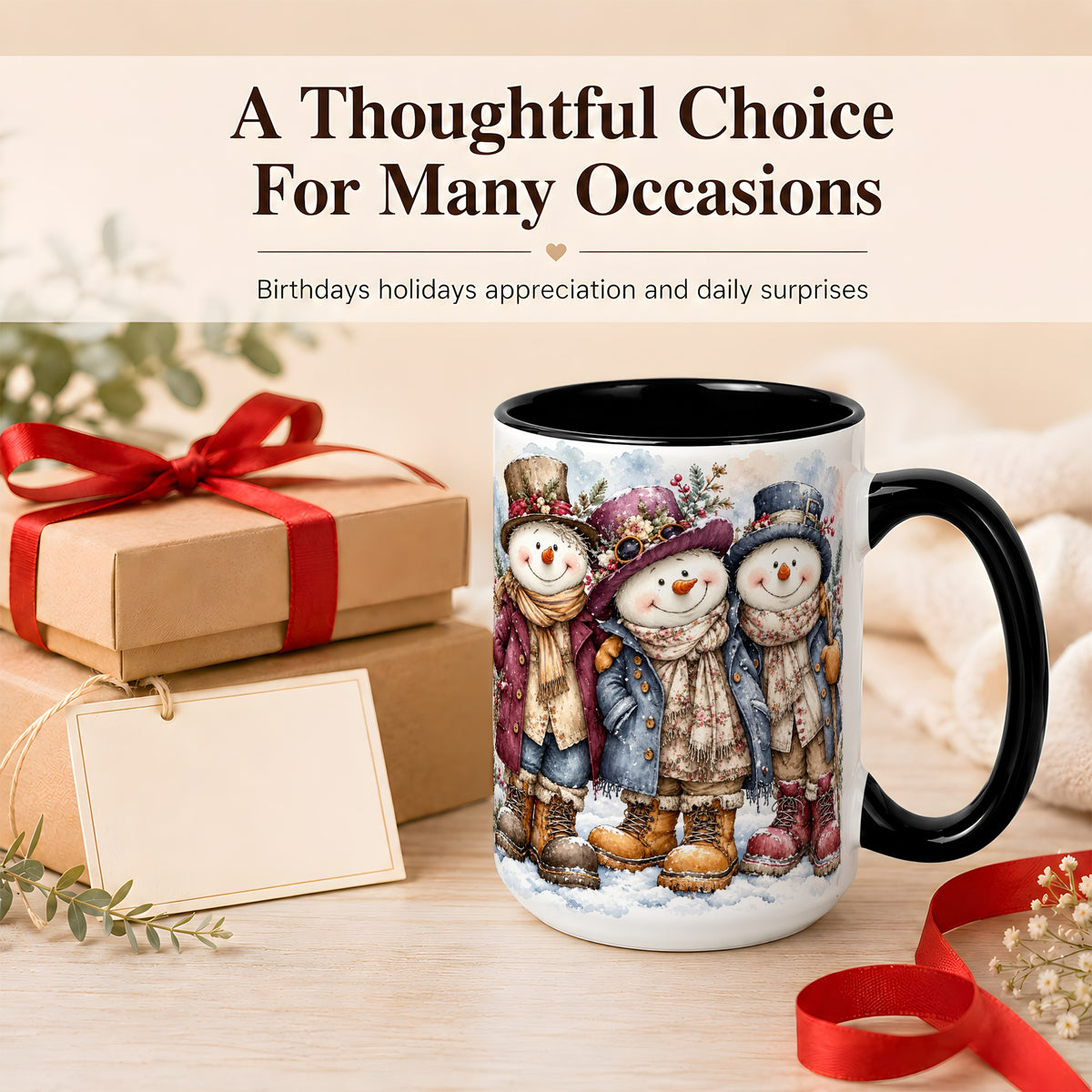 #pl[15oz|Black] Vintage Snowman Trio Coffee Mug, Classic Winter Mug, Ceramic Cup