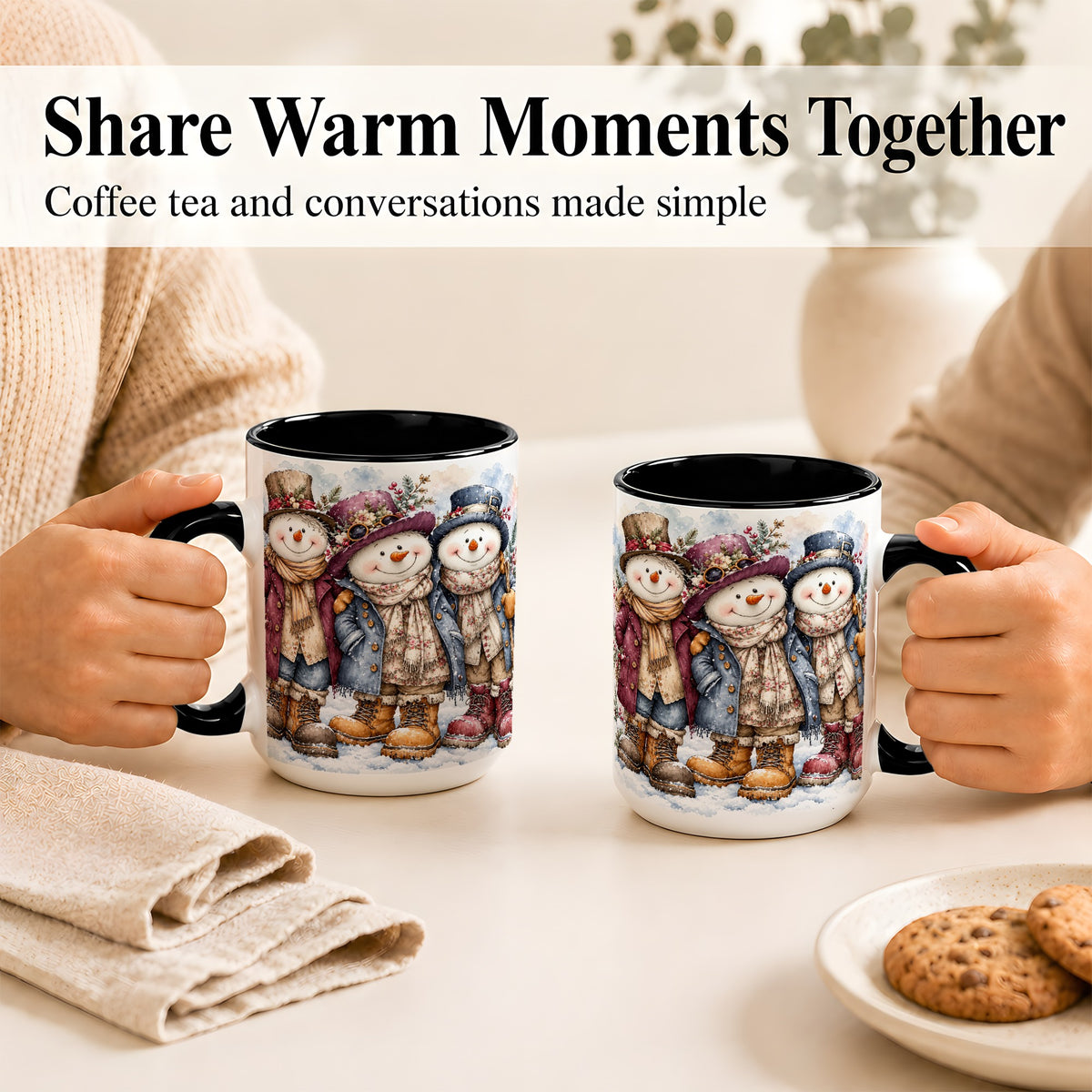 #pl[15oz|Black] Vintage Snowman Trio Coffee Mug, Classic Winter Mug, Ceramic Cup