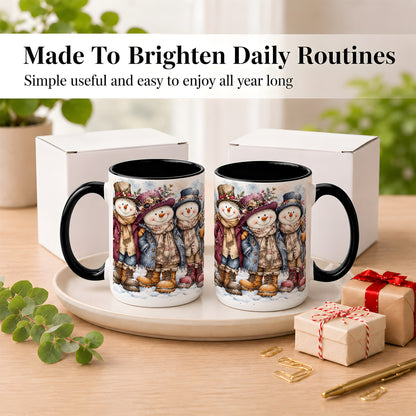 #pl[15oz|Black] Vintage Snowman Trio Coffee Mug, Classic Winter Mug, Ceramic Cup