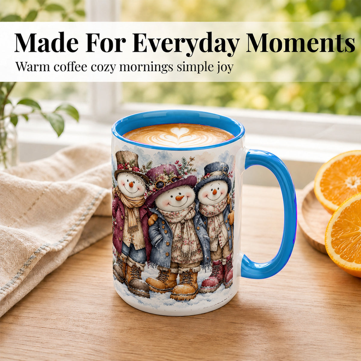 #pl[15oz|Blue] Vintage Snowman Trio Coffee Mug, Classic Winter Mug, Ceramic Cup