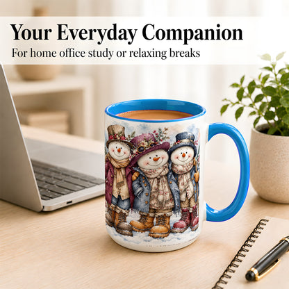 #pl[15oz|Blue] Vintage Snowman Trio Coffee Mug, Classic Winter Mug, Ceramic Cup