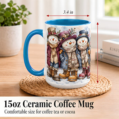 #pl[15oz|Blue] Vintage Snowman Trio Coffee Mug, Classic Winter Mug, Ceramic Cup