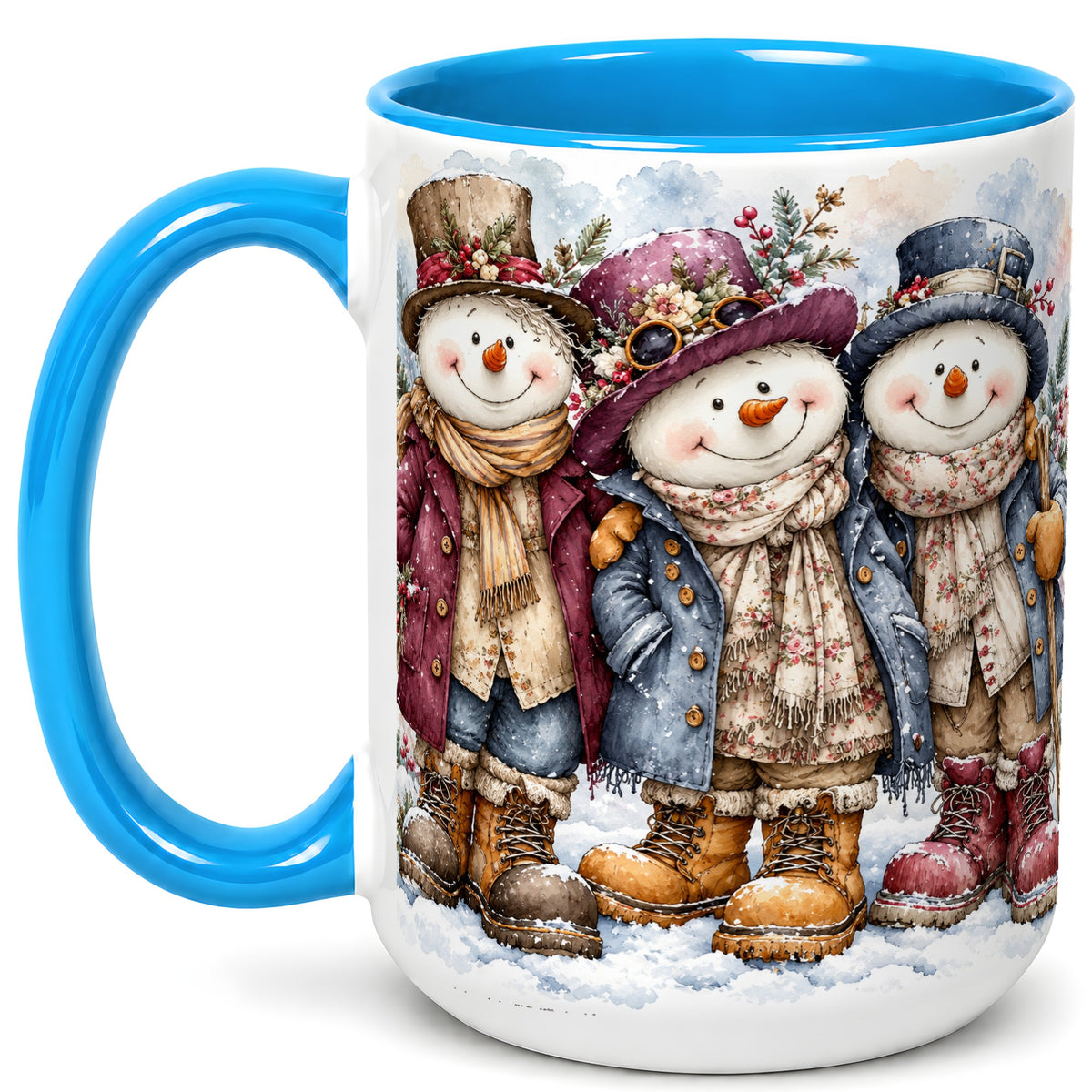 #pl[15oz|Blue] Vintage Snowman Trio Coffee Mug, Classic Winter Mug, Ceramic Cup