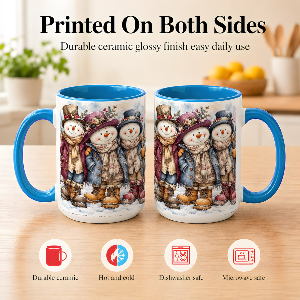 #pl[15oz|Blue] Vintage Snowman Trio Coffee Mug, Classic Winter Mug, Ceramic Cup